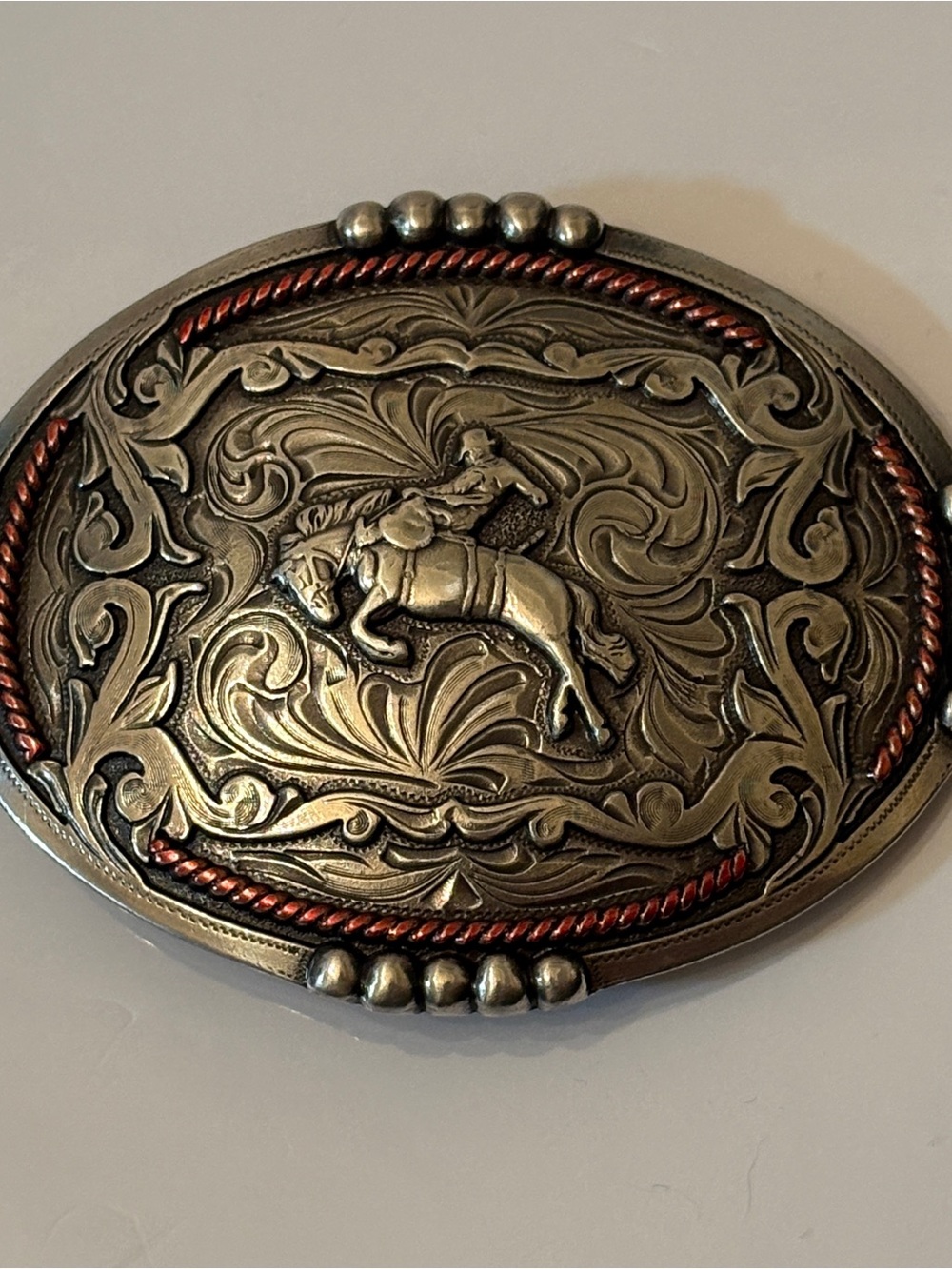 Western Rodeo Horse & Rider Ornate Belt Buckle - Silver & Copper Tones